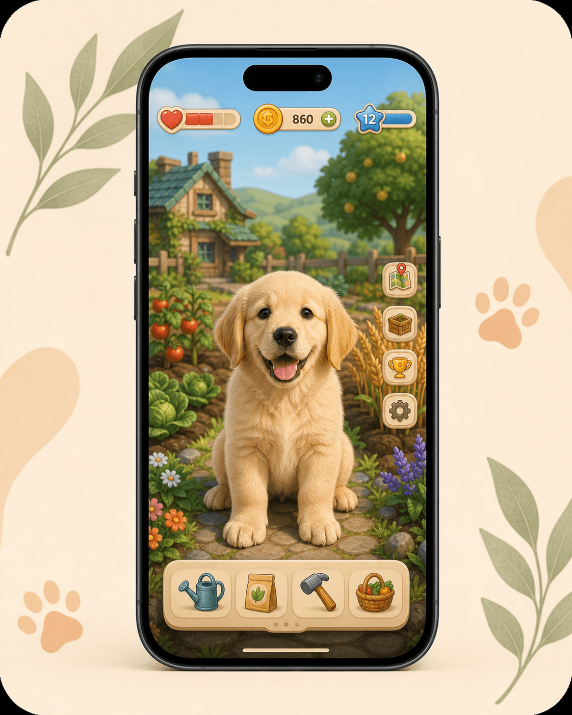 Mobile game with a Golden Retriever overlay