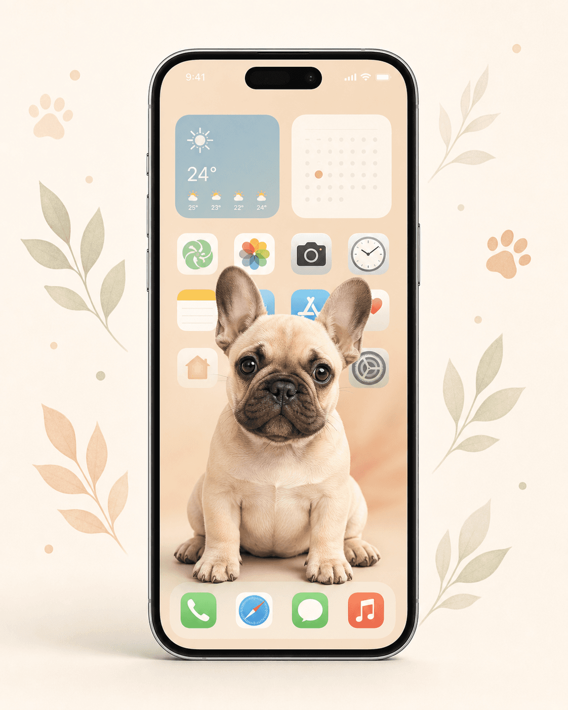 Phone launcher home screen with a French Bulldog overlay